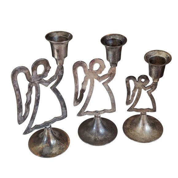 International Silver 3 Angel Candle Sticks Vintage with Patina Not Polished - Picture 10 of 14